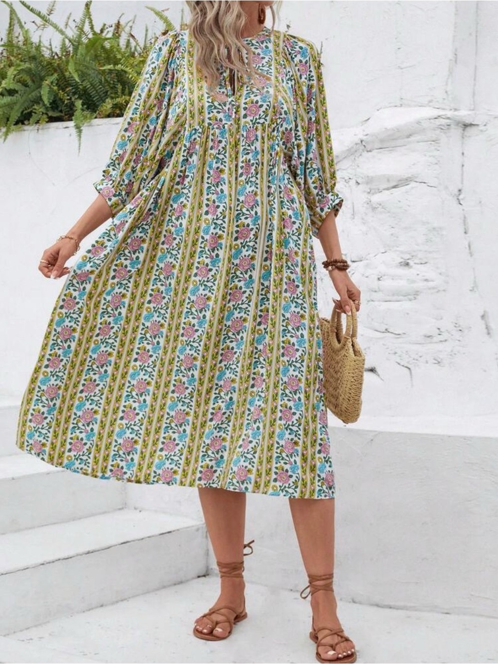 NWOT SHEIN Floral Round Tie neck Tunic Dress Size XL